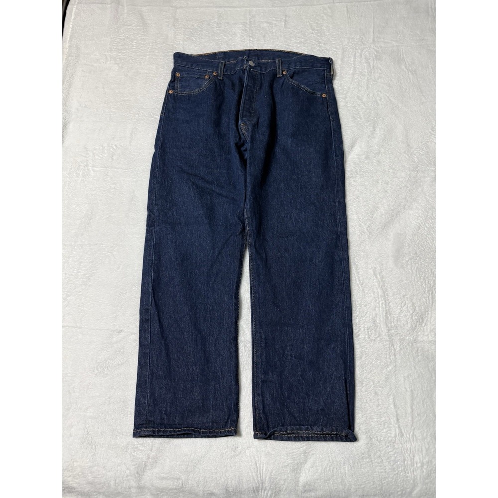 Levis 501 Jeans Mens 35x27 Blue Straight Button Fly Mid Rise Dark Wash Denim